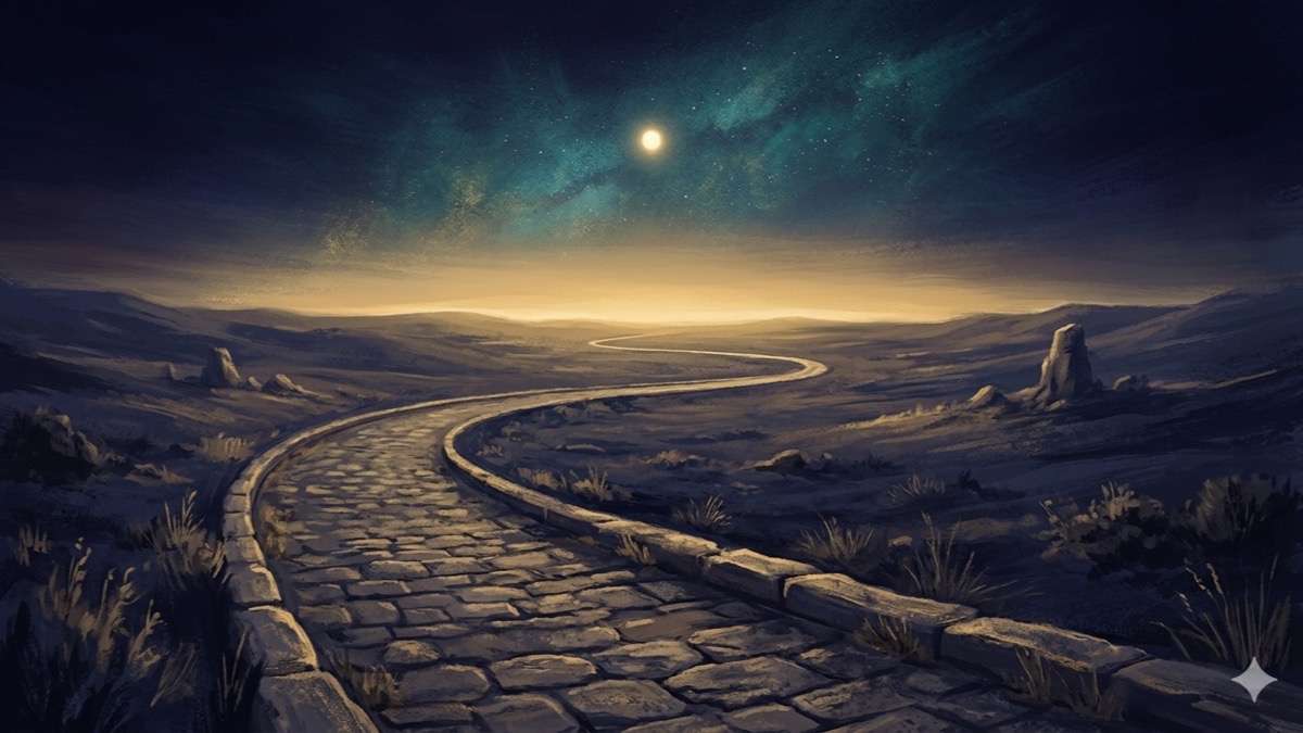 Ancient road arcing back toward a golden horizon under deep indigo sky, Jupiter rising as the return of light after darkness