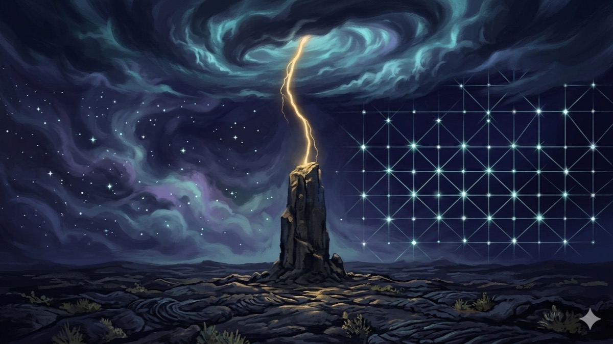 Purva Bhadrapada nakshatra: solitary monolith at the Aquarius-Pisces threshold struck by Jupiter's golden spiritual fire under a stormy cosmic sky