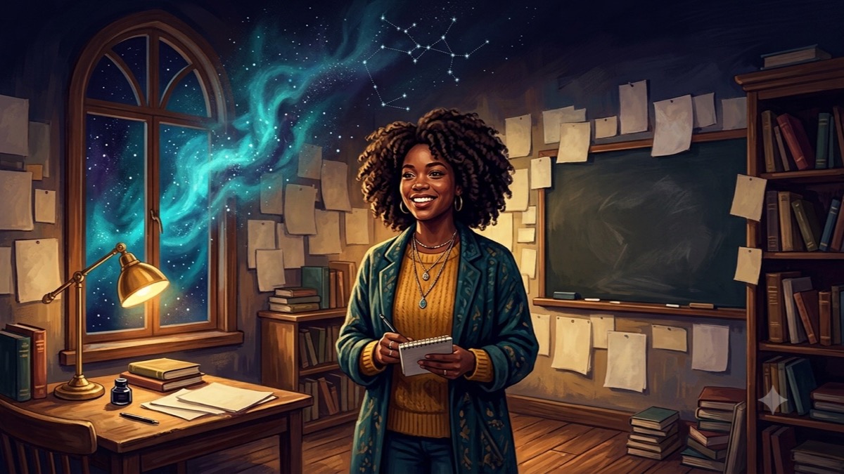 Stylized editorial portrait of Quinta Brunson as Sagittarius Sun creator in a warmly lit classroom-studio setting
