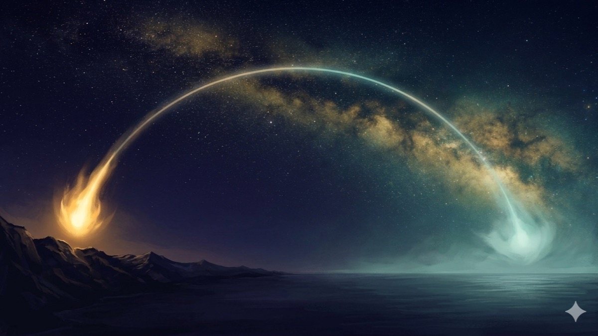 Rahu and Ketu lunar nodes as two glowing intersection points at opposing horizons beneath a deep indigo cosmic sky