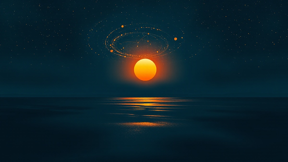 A glowing gold sun rising over an infinite indigo star-scattered horizon, symbolic celestial light as archetype not scoreboard