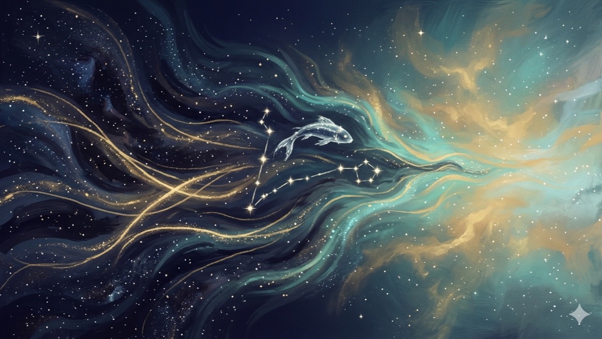 Cosmic estuary at twilight where golden light-paths cross from ocean depths into a fresh dawn, the zodiac's final threshold glowing with guided passage