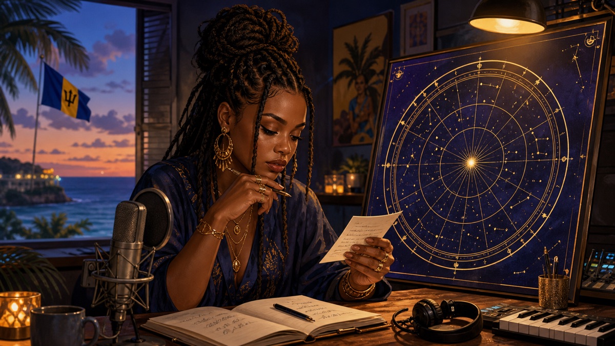 An original Caribbean pop-artist archetype examines a circular birth chart and birth-data note at a creative studio desk.