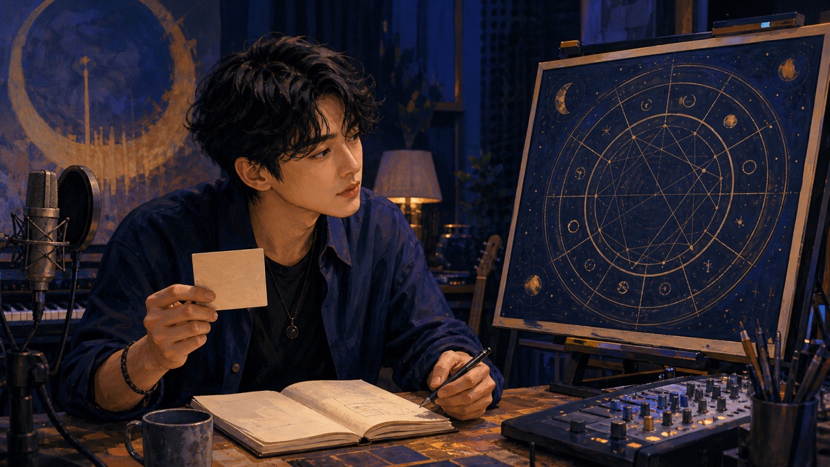 An original Korean songwriter archetype compares a plain birth-data card with a circular natal chart in a recording studio.