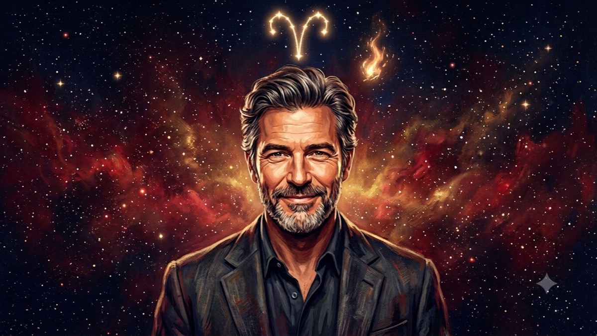 Stylized celestial portrait of an actor with an Aries constellation and a spark of fire glowing overhead in an indigo starfield