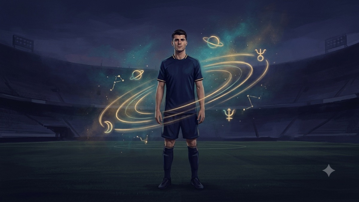 Stylized portrait of Rodri on an indigo stadium pitch at dusk, surrounded by drifting golden Vedic celestial rings