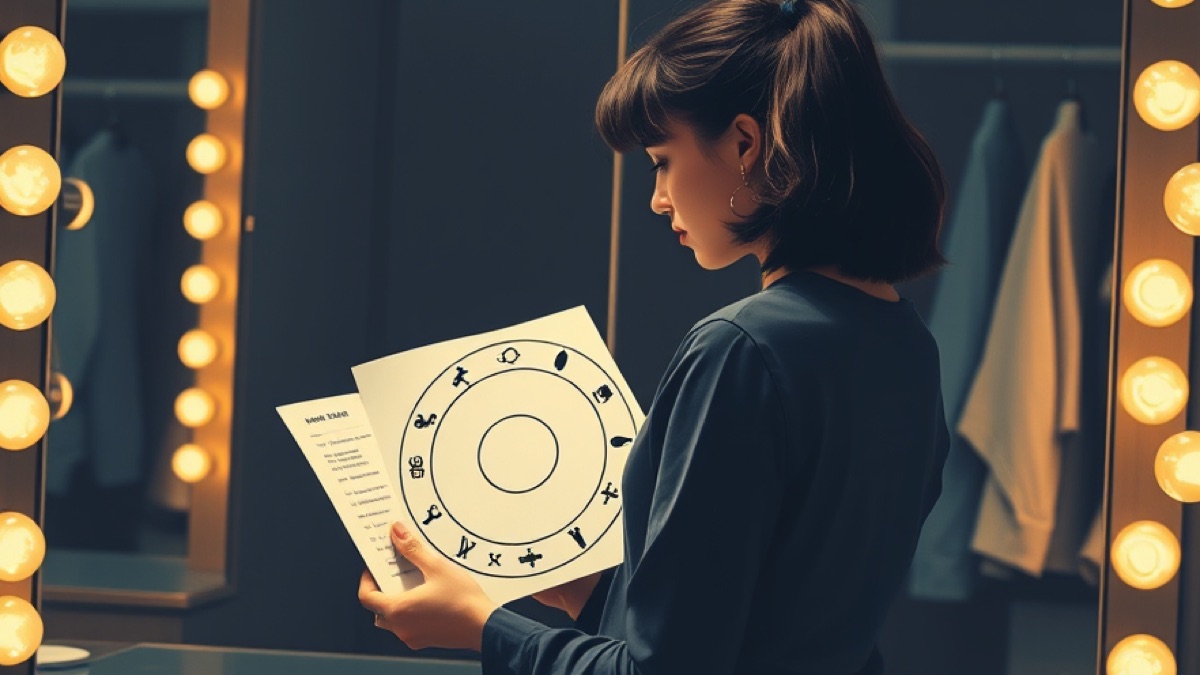 A pop-performer archetype turns from a mirrored dressing-room vanity to read an unlabeled circular natal chart held in both hands.