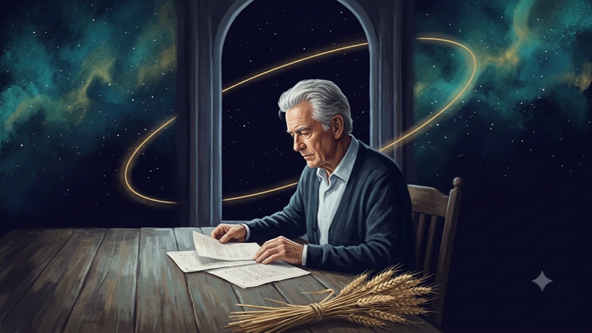 Painterly portrait of a contemplative craftsman actor at a candlelit desk with Virgo wheat and Mercury's golden orbital arc in a deep indigo starfield