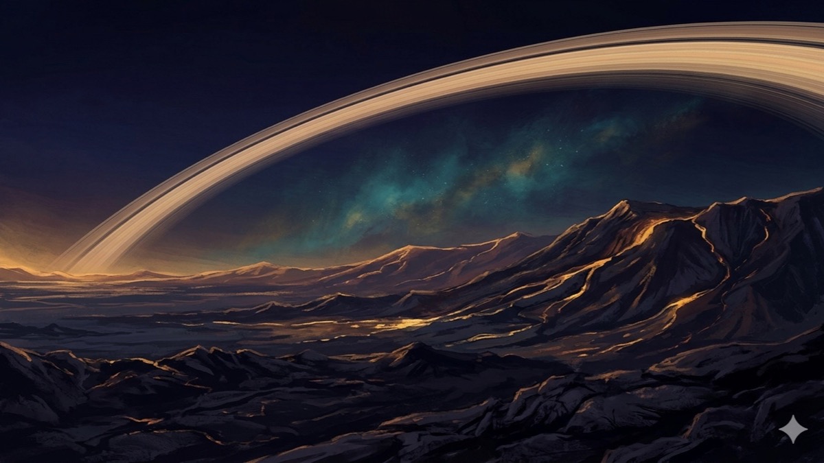 Volcanic mountain peak glowing with amber fire under crimson auroras in a deep indigo sky, evoking Saturn's discipline meeting Aries fire