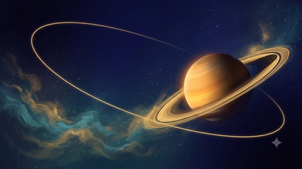 Saturn and its golden rings with a looping orbital arc returning to its origin against a deep indigo nebula sky