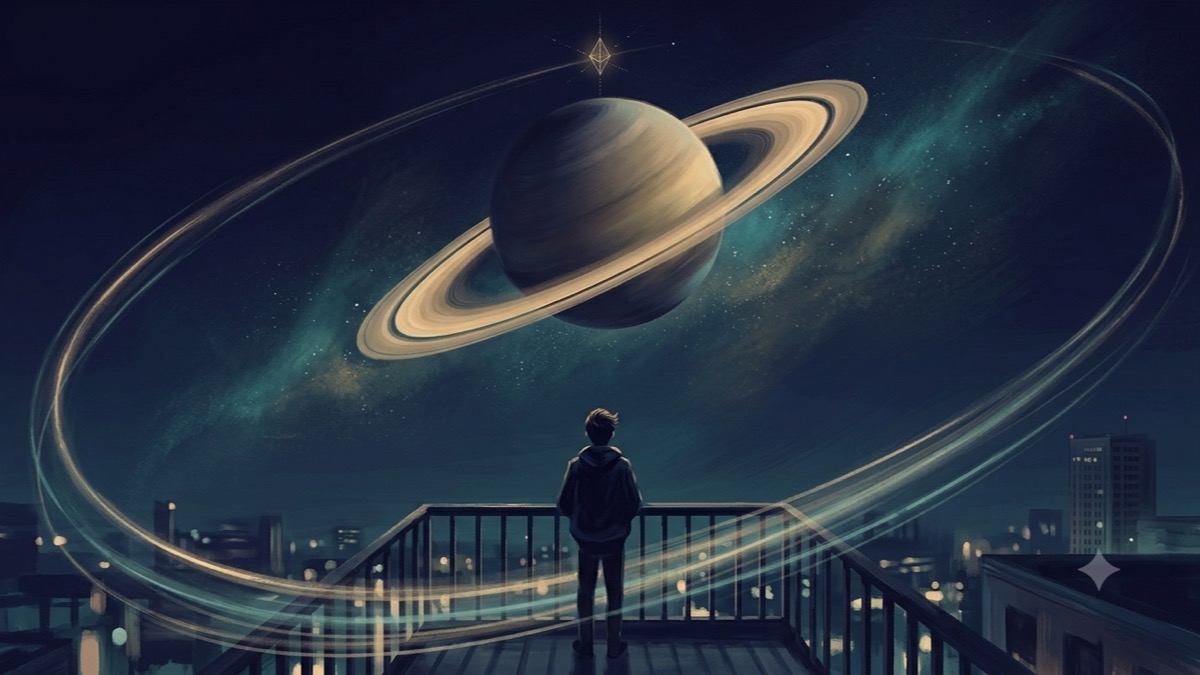 Saturn's glowing rings arc through deep indigo space as a figure stands below, marking the planet's 29-year return to its natal position