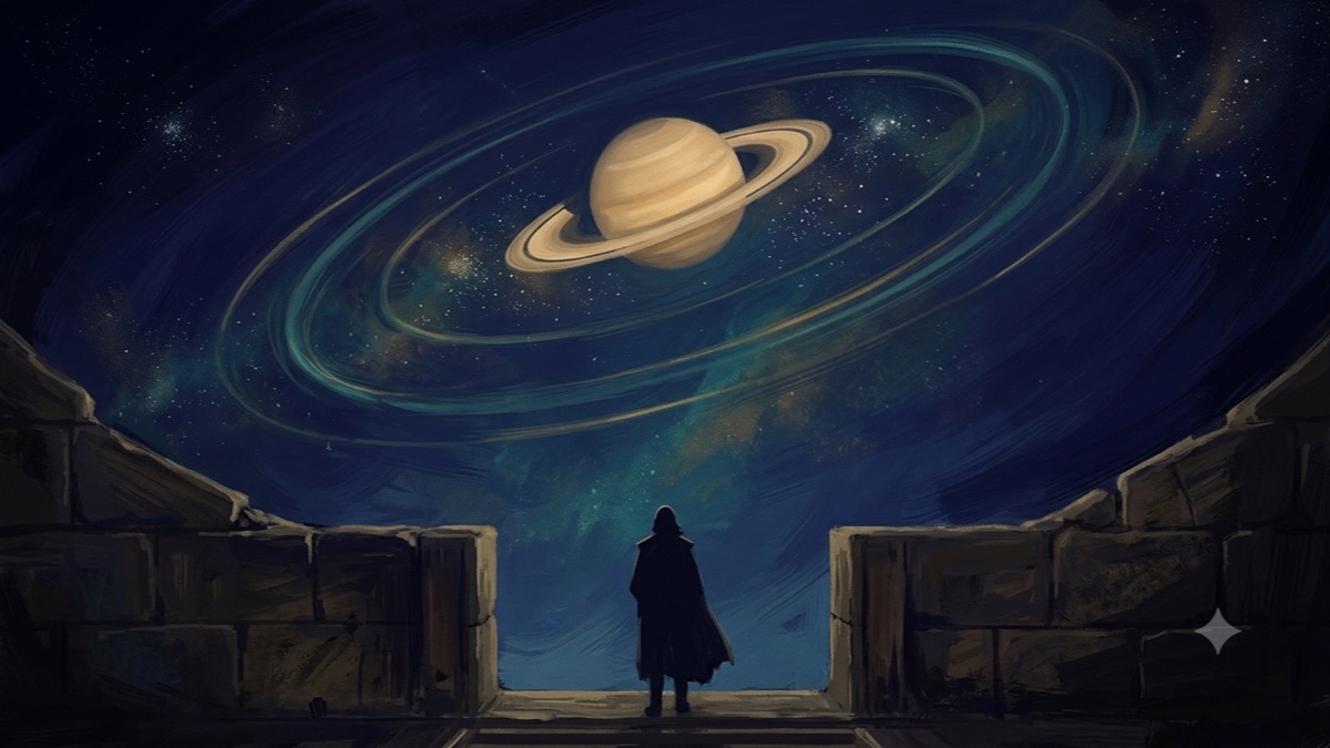 Ringed planet Saturn glowing gold in indigo night sky above a silhouetted figure at a threshold, teal and gold orbital arcs, painterly illustration