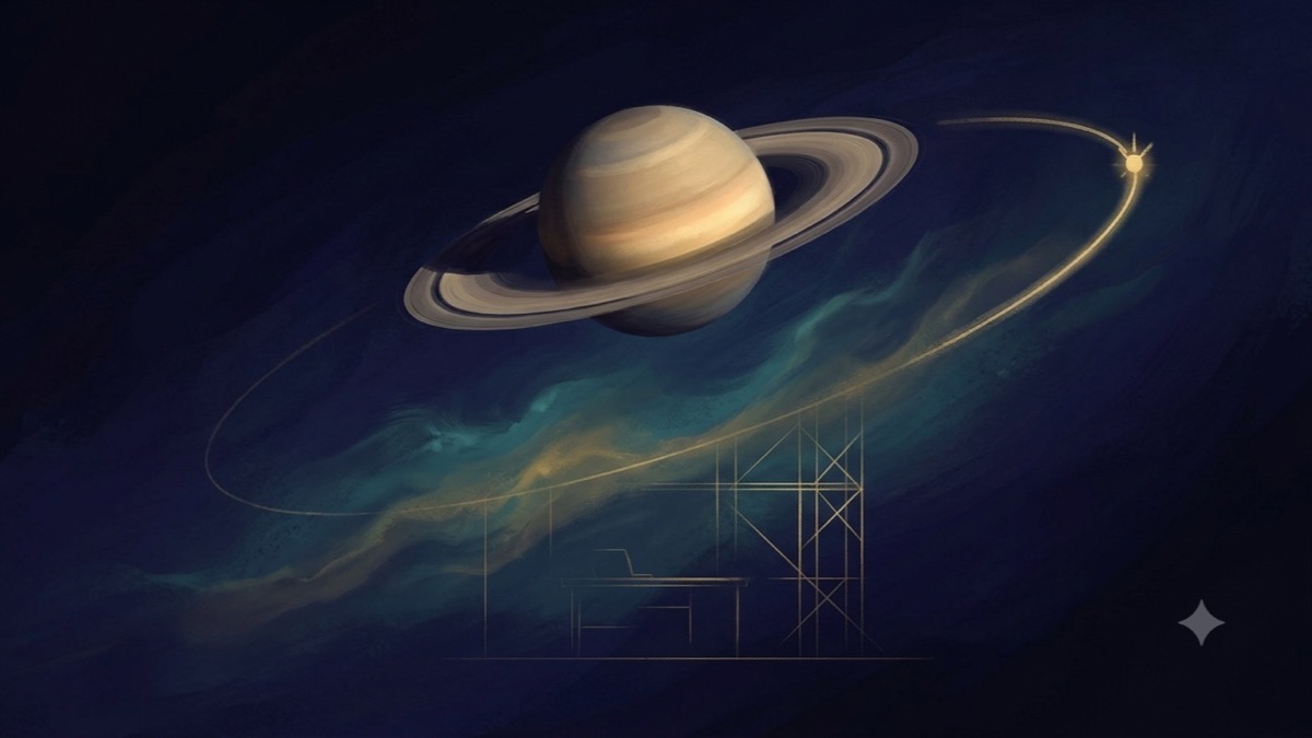Saturn completing its 29-year return arc toward a gold natal-degree marker, faint career-structure lines below, deep indigo cosmos