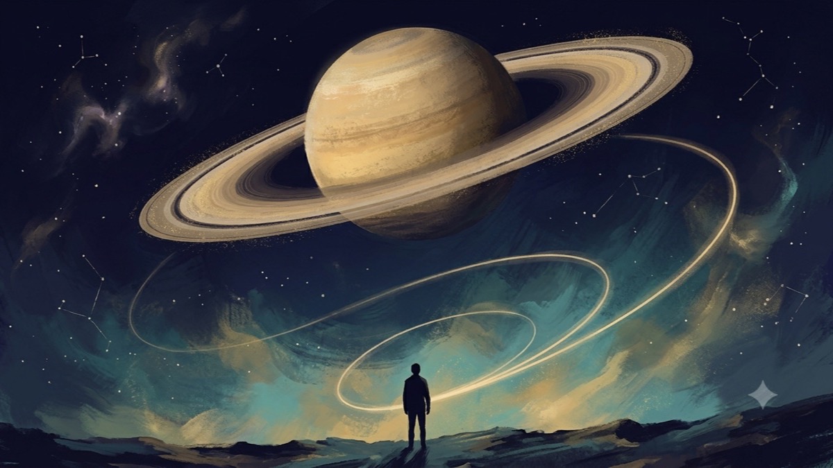 Painterly night scene: ringed Saturn in indigo sky, a lone silhouette below gazing up at the planet's three-arc orbital return path