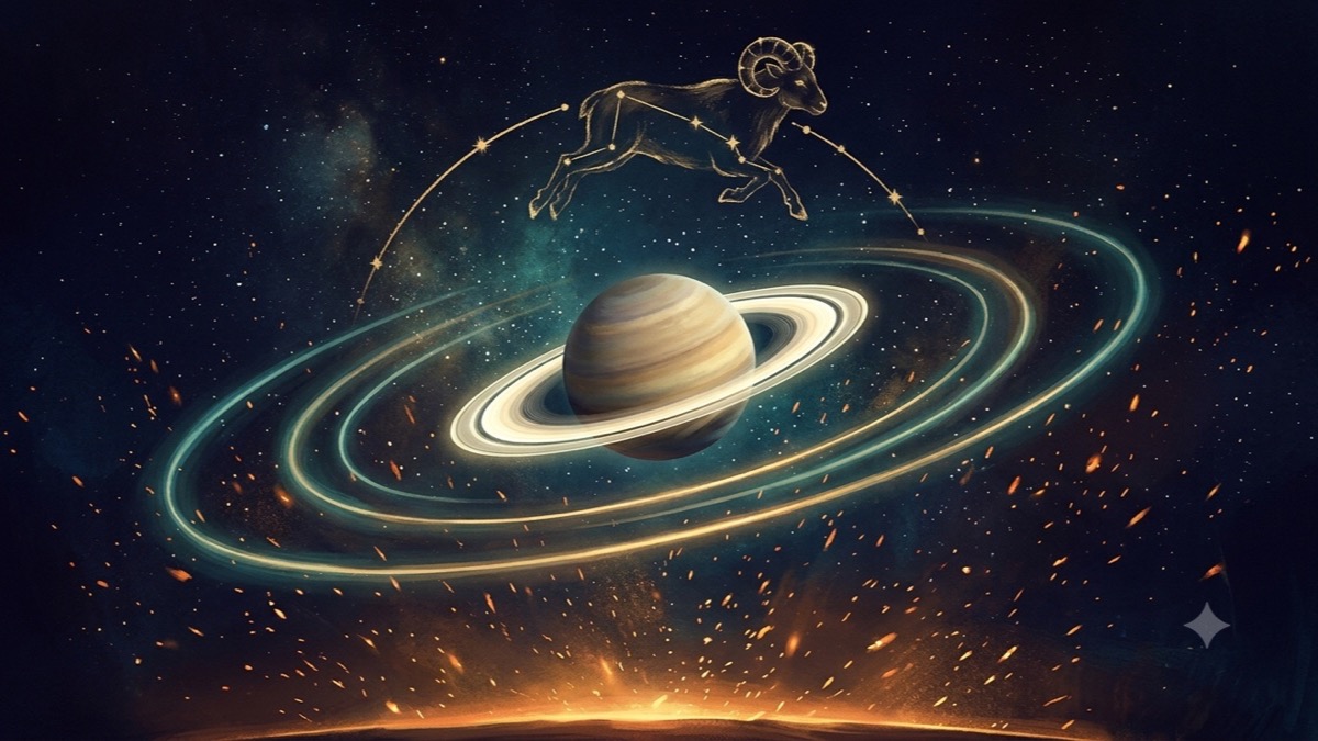 Saturn with three glowing orbital arcs and a gold Aries ram constellation in a deep indigo cosmic scene