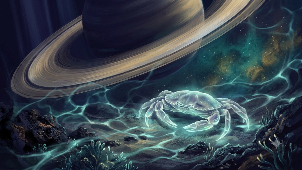 Saturn's golden rings arc over a luminous crab on the cosmic ocean floor, evoking the Saturn return in Cancer emotional reckoning