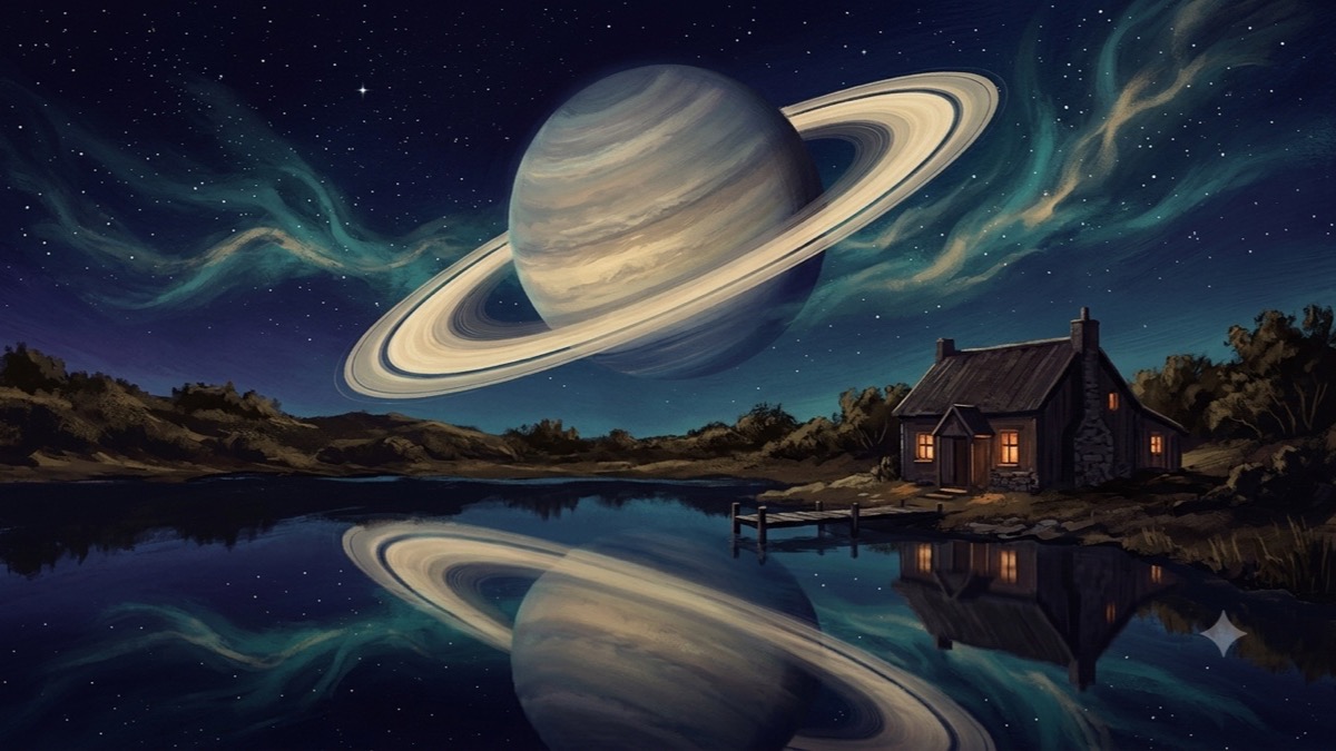 Saturn rising over a cottage by dark water at night, evoking the Cancer Saturn return's call to rebuild emotional security