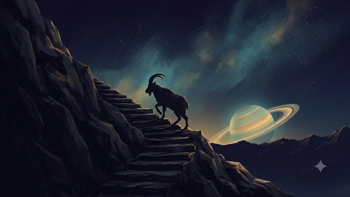 Saturn's ringed planet rising above stone steps with a mountain goat climbing toward a gold-lit summit in a deep indigo cosmic sky