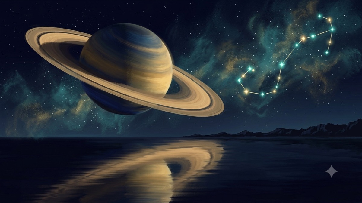Saturn and its rings reflected over a dark cosmic ocean with a glowing scorpion constellation in the night sky