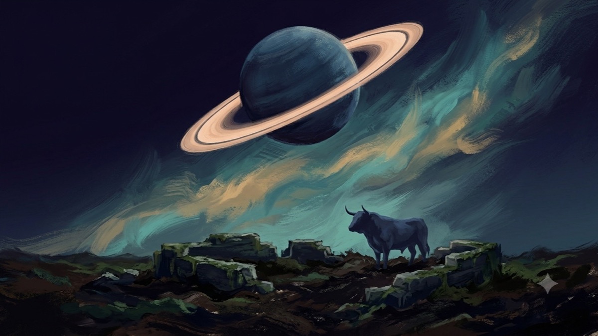 Saturn descending through a nebula toward dark earth and stone foundations, evoking the 29-year return that restructures self-worth.