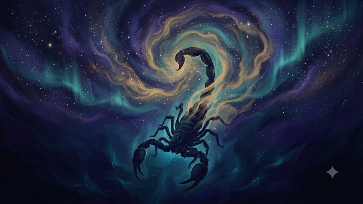 A scorpion silhouette rising through dark cosmic water into gold-flecked nebula, evoking Scorpio depth and MBTI self-reflection
