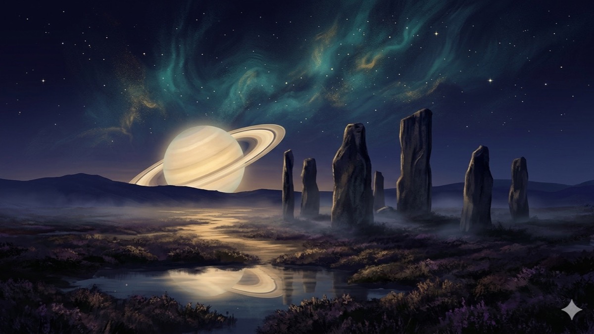 Ancient Scottish standing stones under a night sky where Saturn's golden-ringed orb rises over misty moorland and still water