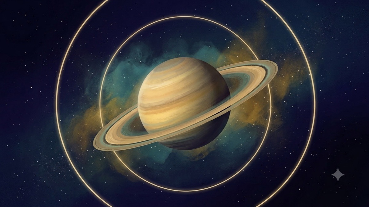 Saturn with golden rings in deep indigo space, its orbital arc completing a second full cycle, symbolizing the second Saturn return near age 60