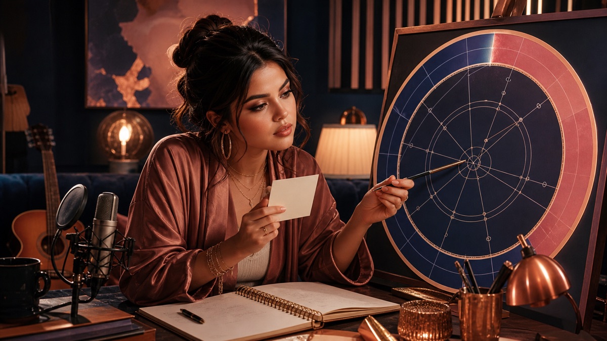 An original Latina pop-artist archetype compares a birth-data card with a two-tone circular natal chart in a music studio.