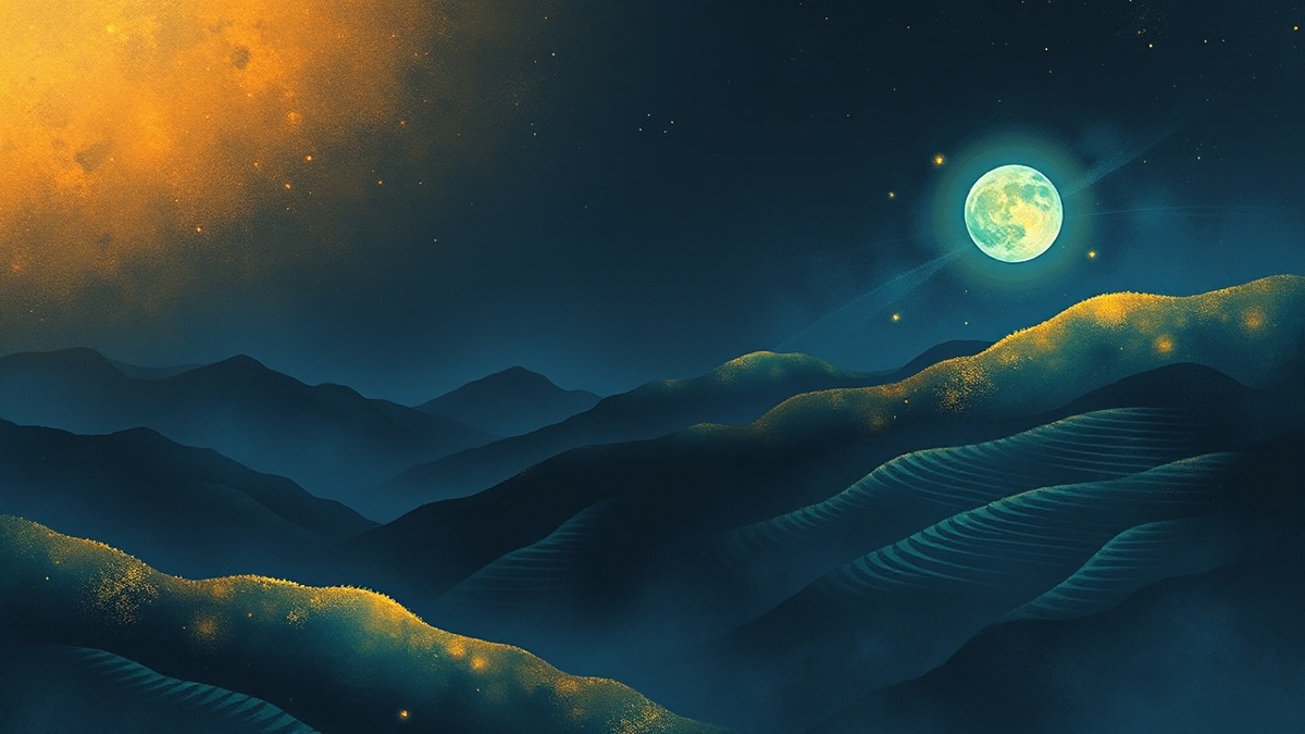 Atmospheric night landscape with warm golden air currents and cool silver-green earthen terraces under a deep indigo sky