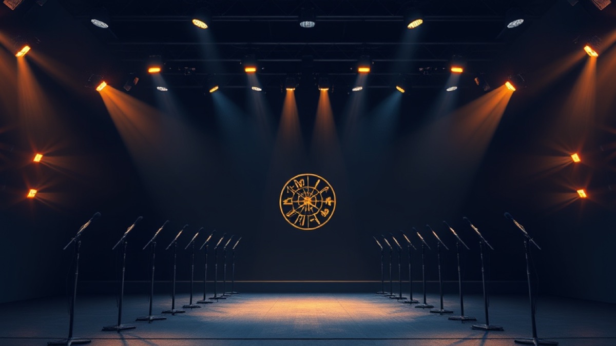 Two converging rows of microphone stands on a wide empty concert stage under warm spotlights, a small zodiac wheel on the back wall.