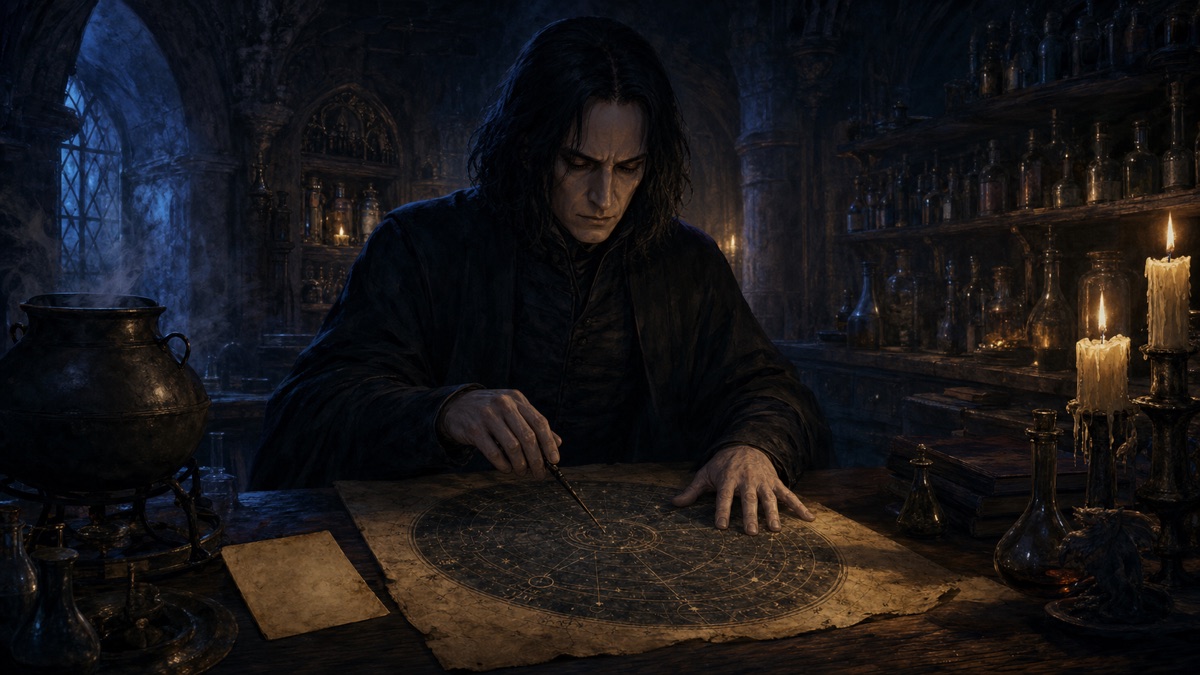 An original dark-haired Potions-master archetype studies an unlabeled circular star chart in a candlelit castle classroom.