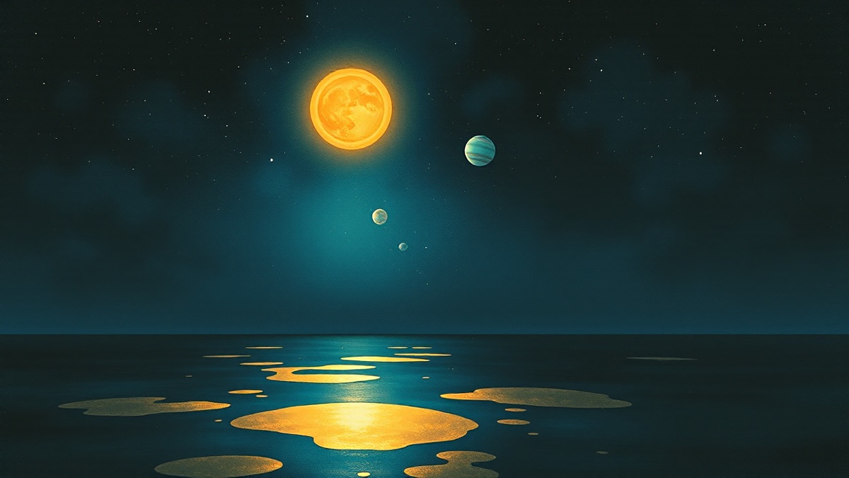 Sharon Osbourne's Libra stellium — four planets clustered in one sign — glowing over an indigo sea in a painterly illustration