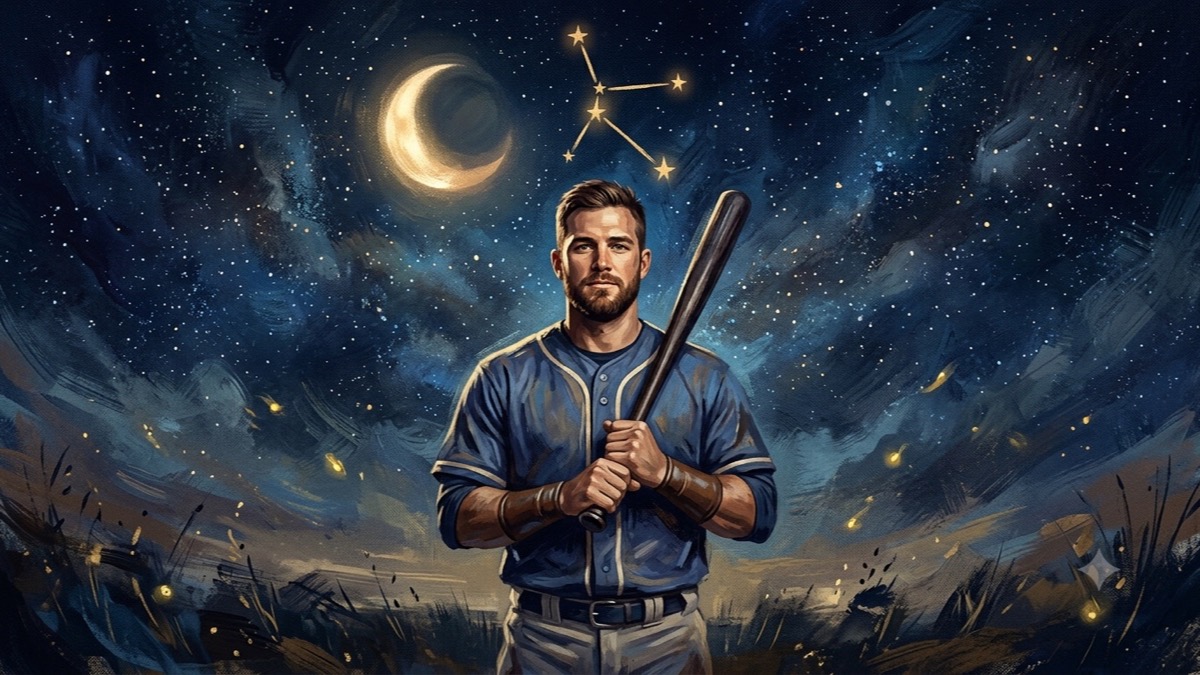 Stylized celestial portrait of a baseball player with a Cancer constellation and crescent moon glowing overhead in an indigo starfield