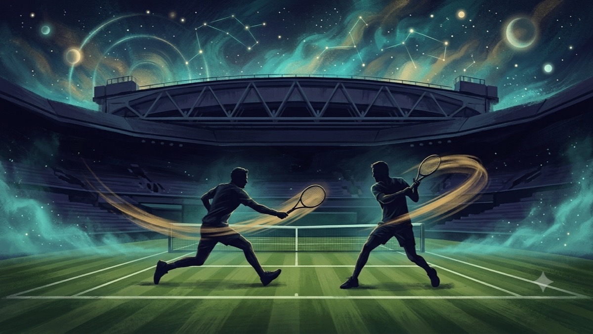 Painterly scene of two tennis players rallying on Centre Court beneath a starlit sky for the 2026 Wimbledon Final