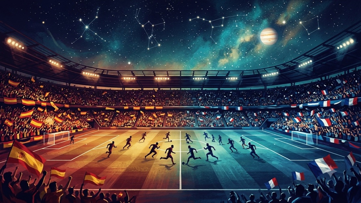 Spain vs France World Cup 2026 astrology — stadium at night, red-gold and blue divide under a Jupiter-lit celestial sky