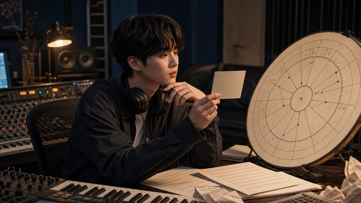 An original Korean music-producer archetype checks a birth-data card beside a circular natal chart in a recording studio.