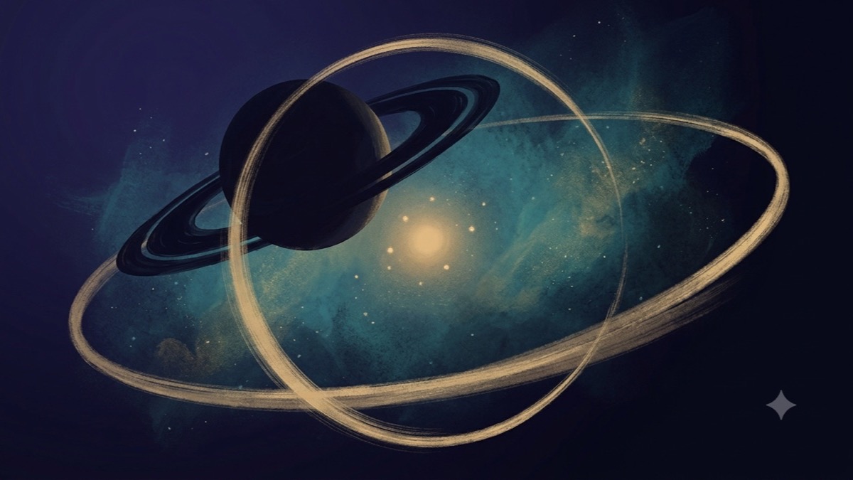 Saturn completing its 29-year orbital return, ringed planet tracing a gold arc back to its origin against deep indigo nebula