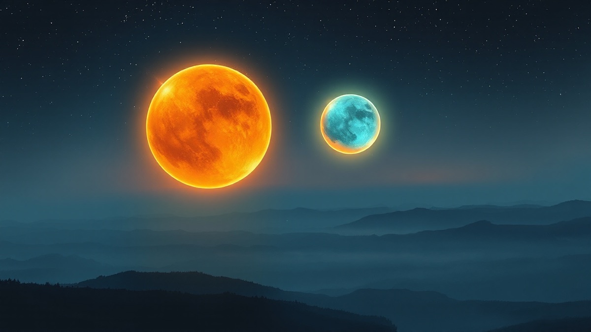 Two glowing celestial orbs — gold and silver — bridged by teal arcs of light above a misty plain, symbolizing synastry chart alignment