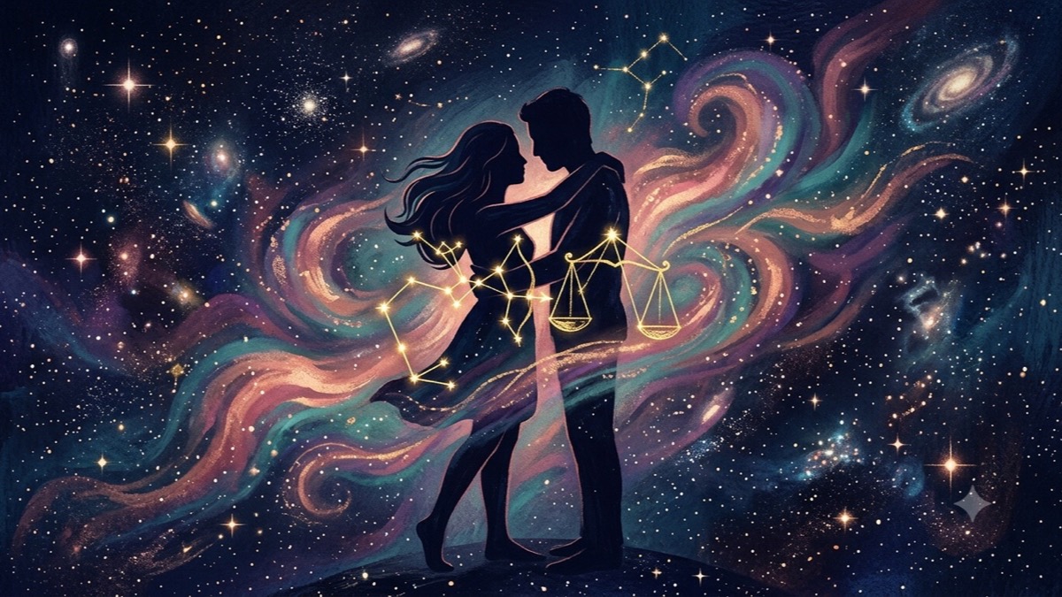 Stylized celestial scene of two silhouettes with Sagittarius and Libra constellations intertwining in gold in an indigo starfield