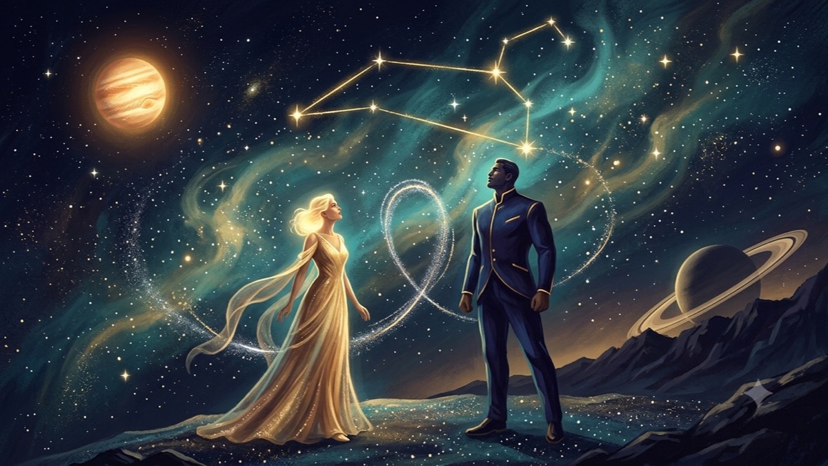 Two stylized figures representing a celebrity couple stand beneath a Leo constellation arc with Jupiter, Saturn, and Mercury's retrograde arc in a painterly celestial wedding scene