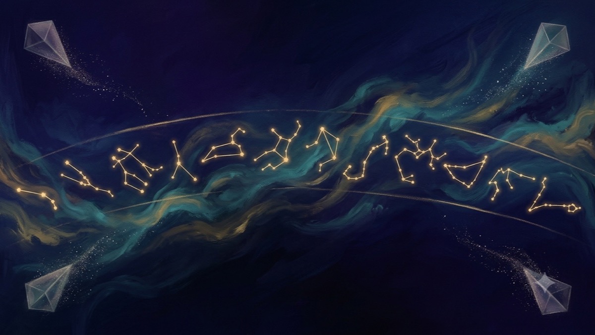 Twelve zodiac constellation outlines glowing gold against a deep indigo nebula sky, evoking MBTI-zodiac personality pairings