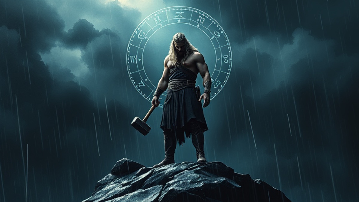 A Norse thunder-god archetype stands on a rain-slick basalt cliff, hammer lowered, storm light breaking behind him.