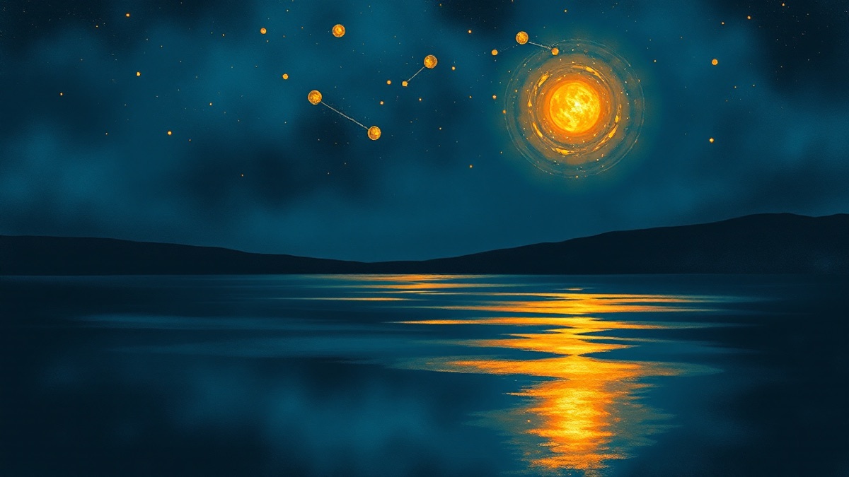 Indigo night landscape with one blazing star and scattered orbs, symbolizing a birth chart's layered complexity beyond a single sun sign