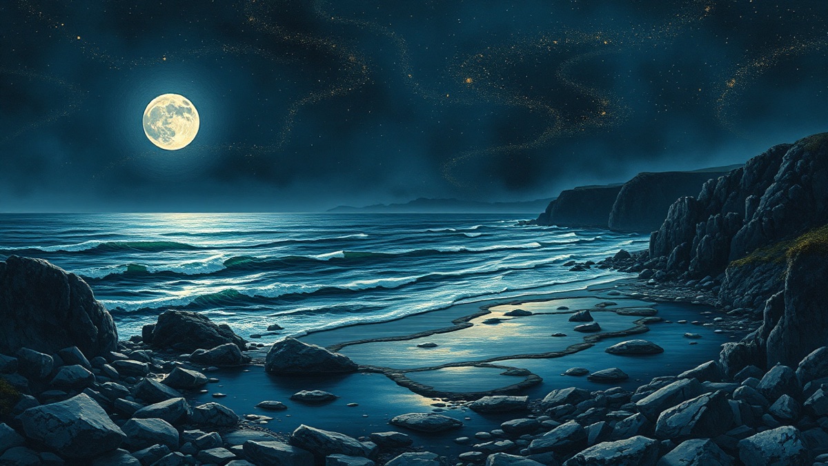 Moonlit coastal shoreline under a deep indigo night sky, waves curling around ancient protective rocks