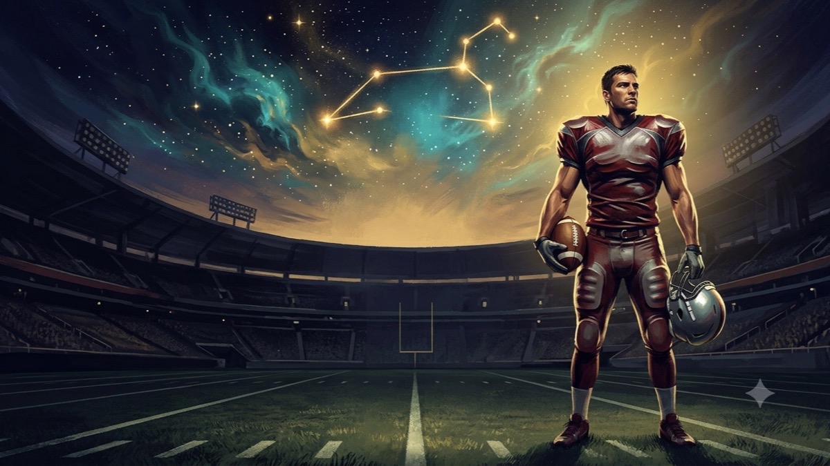 Editorial illustration of a football quarterback under a glowing Leo constellation sky, evoking Tom Brady's Leo Sun birth chart