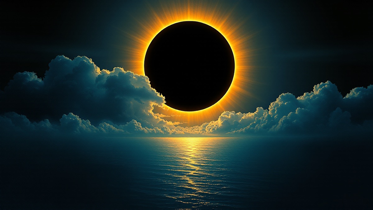 Total solar eclipse totality over the North Atlantic, black disc with gold corona blazing above dark ocean