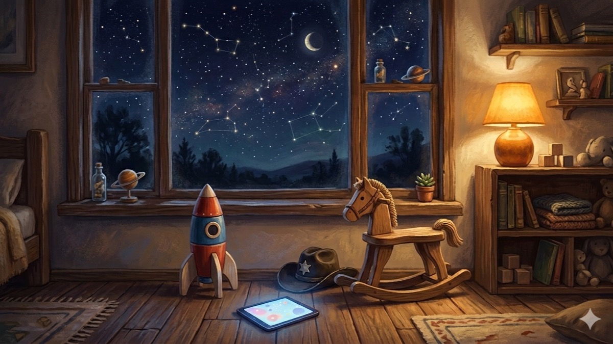 A cozy twilight playroom with generic original toys on a wooden floor beneath a window of faint zodiac constellations