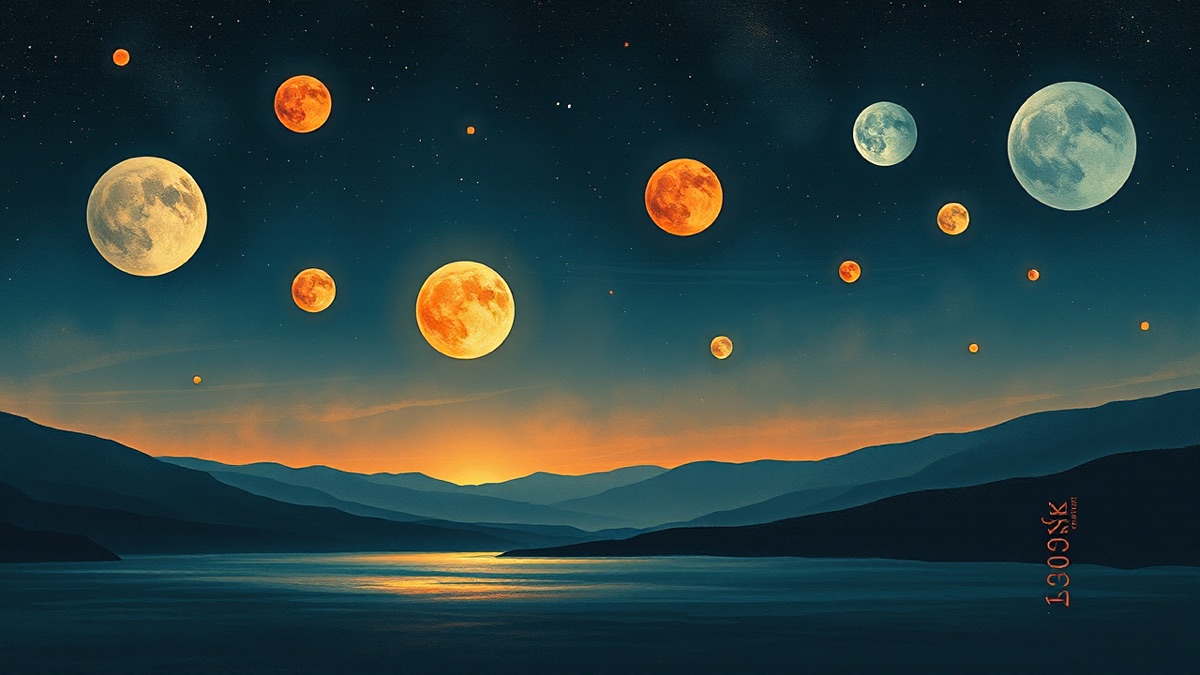 Six distinct planetary lights hang across an indigo sky above rolling hills, their combined glow composing one celestial portrait