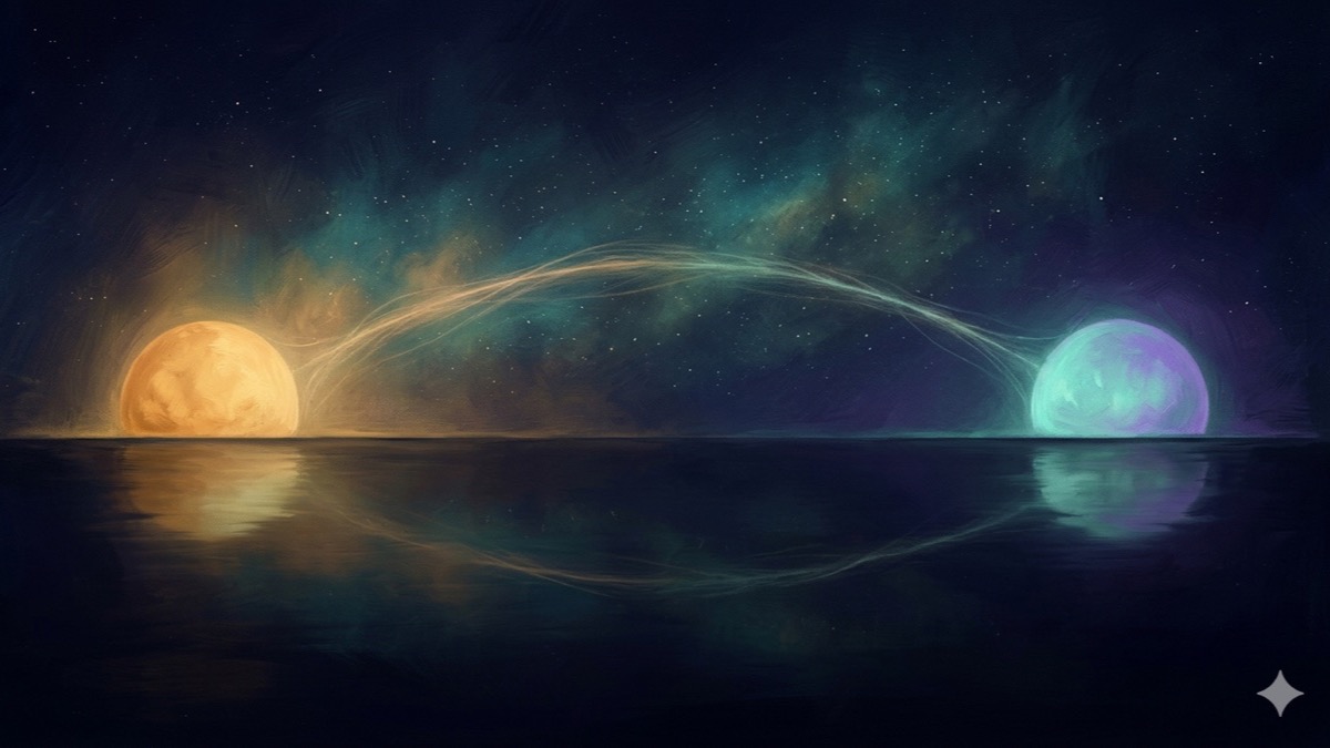 Two luminous orbs in perfect opposition across a deep cosmic landscape, representing the Uranus 180-degree midlife transit