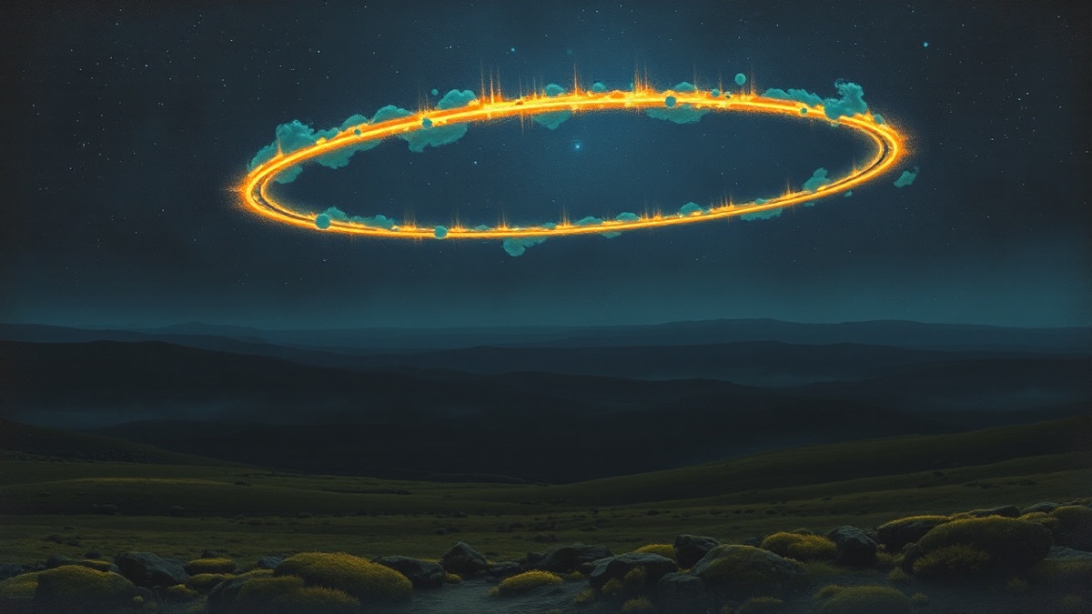 Golden orbital arc completing its 248-year circuit above ancient earthworks in a sweeping indigo night landscape